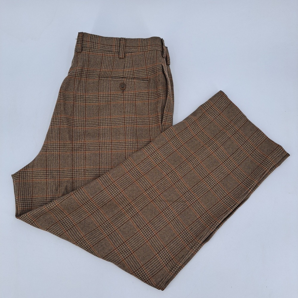 Orvis Pleated Dress Pants Mens 40x29 100% Wool Brown Glen Plaid Made in Canada